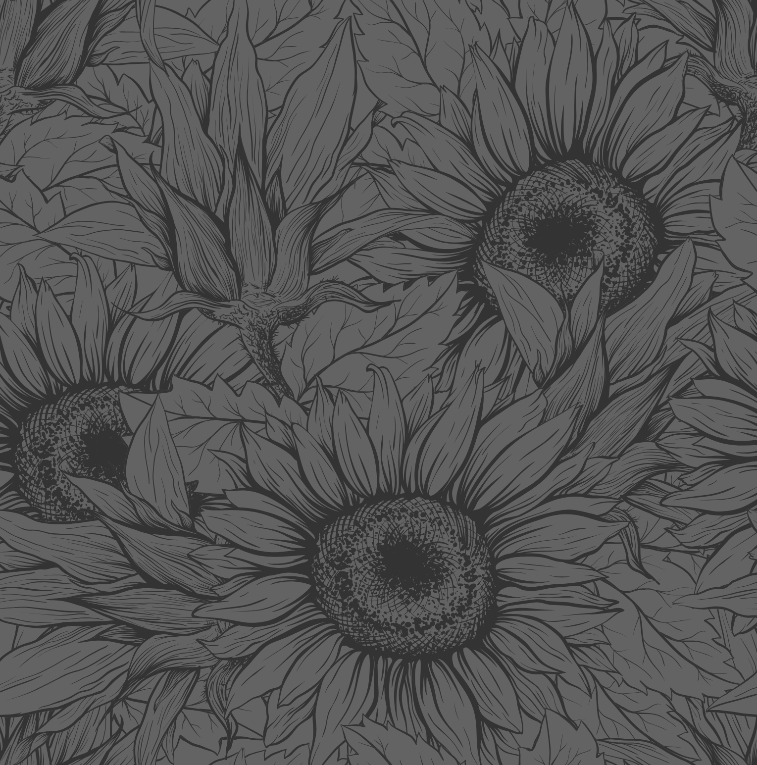 Black and white illustration of sunflowers with concentric circle pattern
