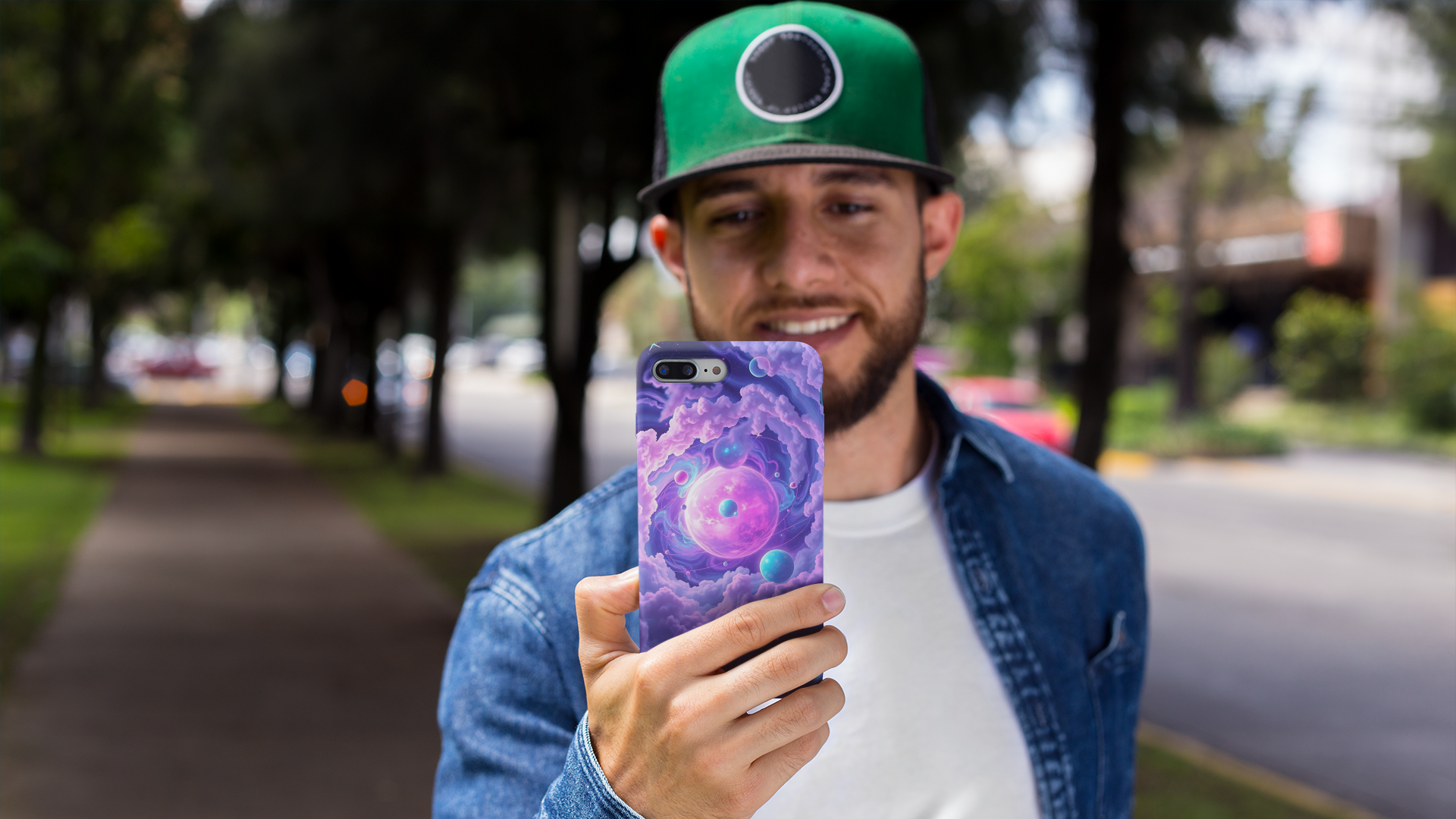 Man holding a phone with the Soul Art colorful case "Dreamy Galaxy" outdoors on a street.
