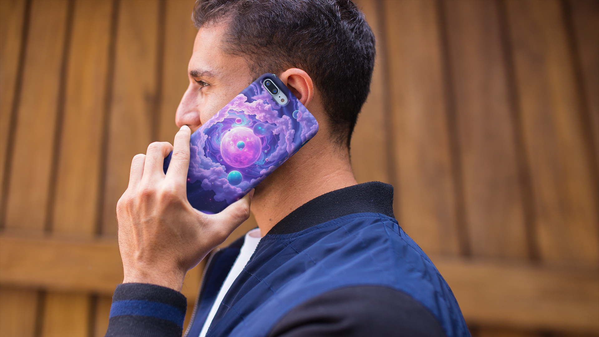 Man holding a phone with a colorful case "Dreamy Galaxy" by Soul Art against a wooden background